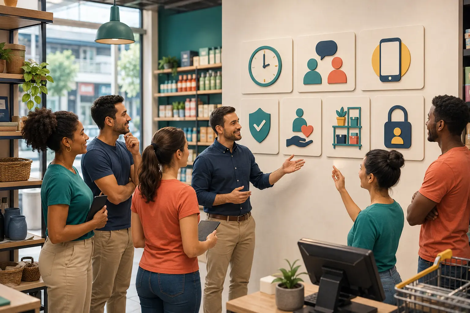 Equipe de loja alinhando regras e acordos de trabalho