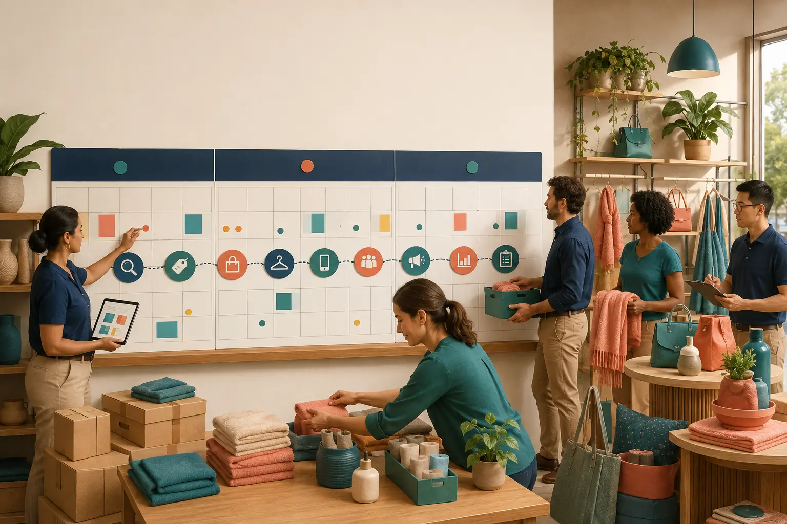 Equipe planejando campanhas em um calendário comercial de varejo