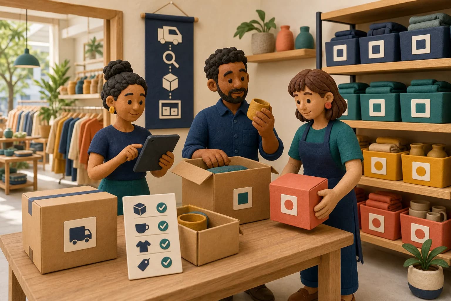 Equipe de loja conferindo volumes, produtos e registros durante o recebimento de mercadorias